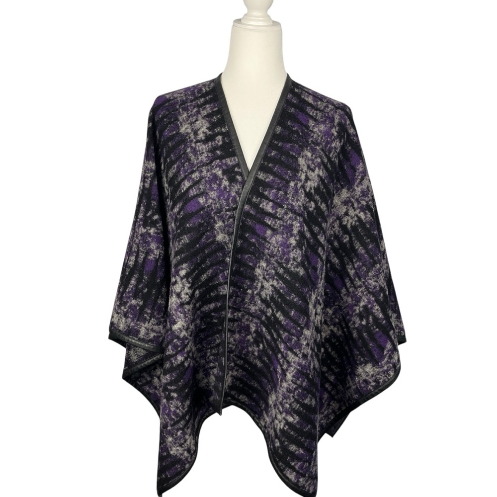 BCBG MAXAZRIA Cape Wrap Shawl Black Gray Purple W/Leather Trim Winter Travel OS - Picture 4 of 11
